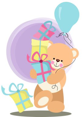 Sevimli oyuncak ayı hediye kutuları ve balon tutuyor.