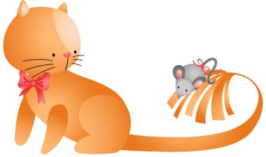 Kuyruğunda küçük bir fare olan sevimli bir kedi.