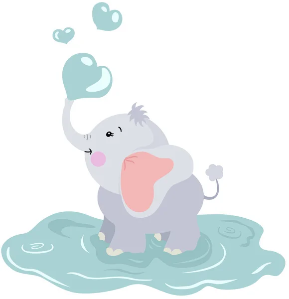 Baby Elephant Water Hearts — Stock Vector