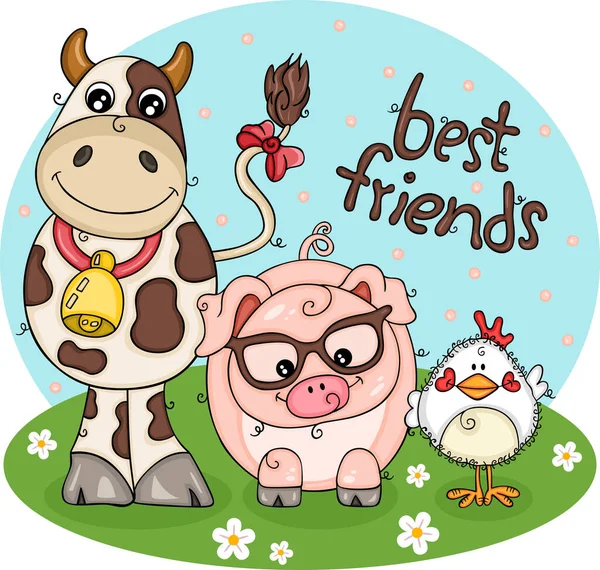 Cow Pig Chicken Best Farm Friends Illustration — Stock Vector