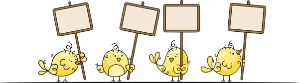 Four Cute Yellow Birds Blank Sign Boards — Stock Vector