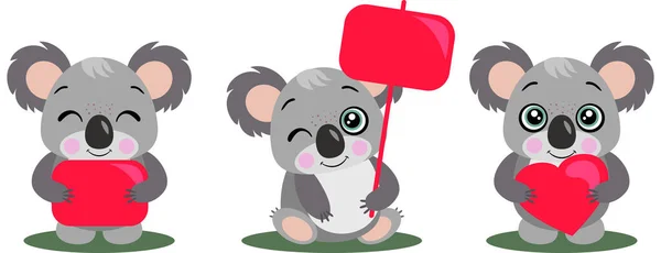 Tres Koalas Graciosos Sosteniendo Letrero Rojo Corazón — Archivo Imágenes Vectoriales