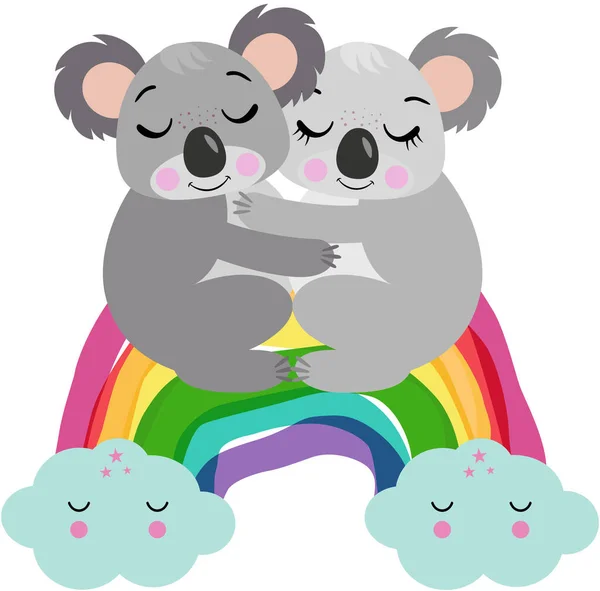 Paar Koalas Umarmen Sich Regenbogen — Stockvektor