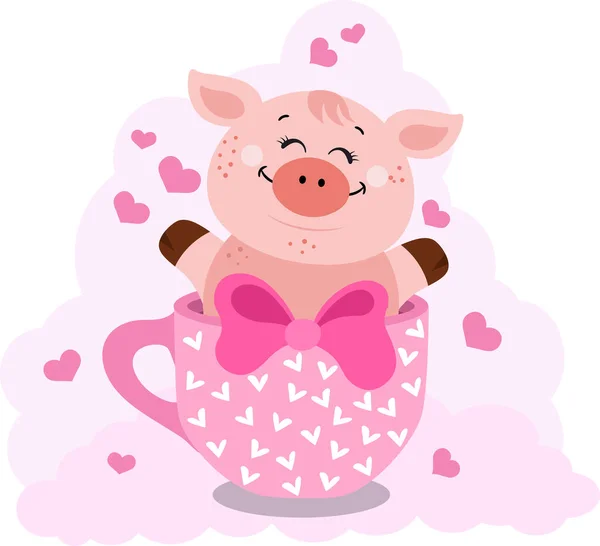Cerdo Adorable Taza Rosa — Vector de stock