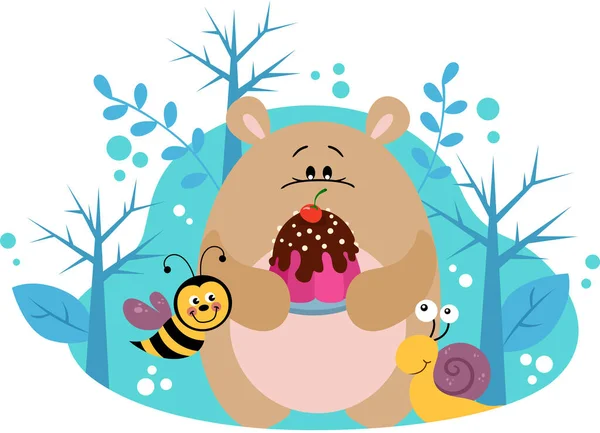 Милый Плюшевый Мишка Лесу Держит Торт Улиткой Пчелой — стоковый вектор