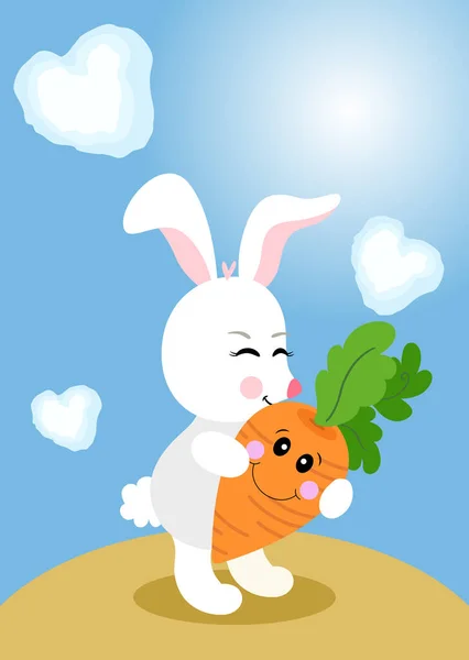 Happy Little Rabbit Holding Carrot Blue Background — Stock Vector