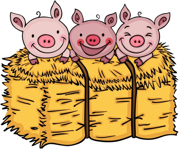 Trzy Śmieszne Świnie Beli Siana — Wektor stockowy