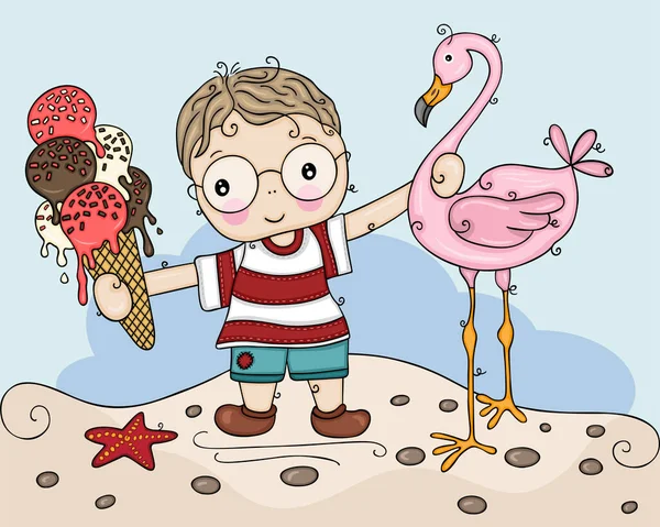 Zomer Kaart Van Schattige Jongen Het Strand Met Ijs Flamingo — Stockvector