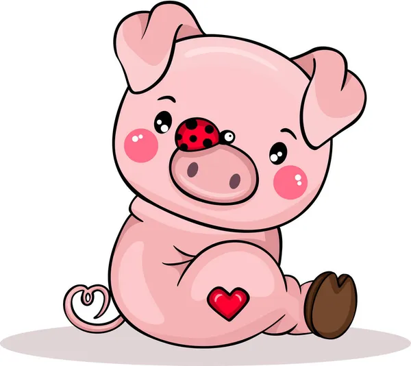 Cochon Drôle Mignon Avec Coccinelle — Image vectorielle