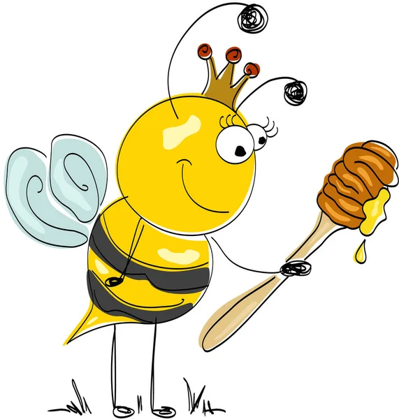蜂后拿着一只木制蜂蜜勺 — 图库矢量图片
