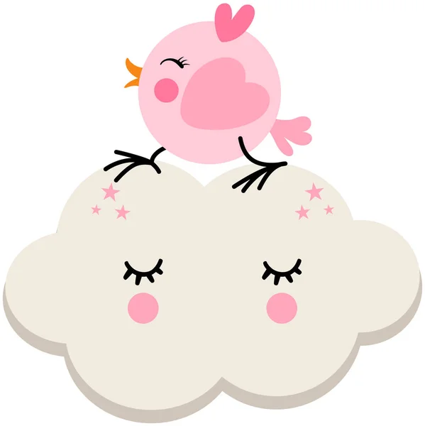 Beau Oiseau Rose Sur Nuage Mignon — Image vectorielle