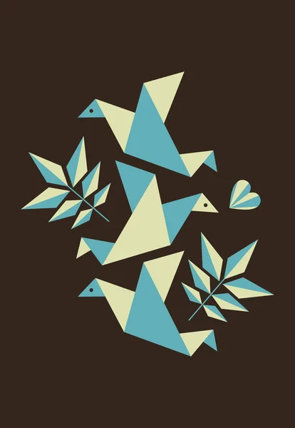 Illustration Von Origami Vögeln Und Blättern — Stockvektor