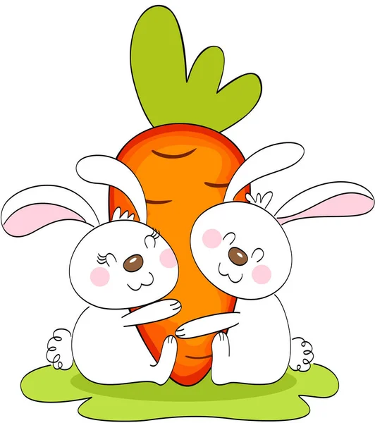 Two Rabbits Hugging Big Carrot — Stock Vector