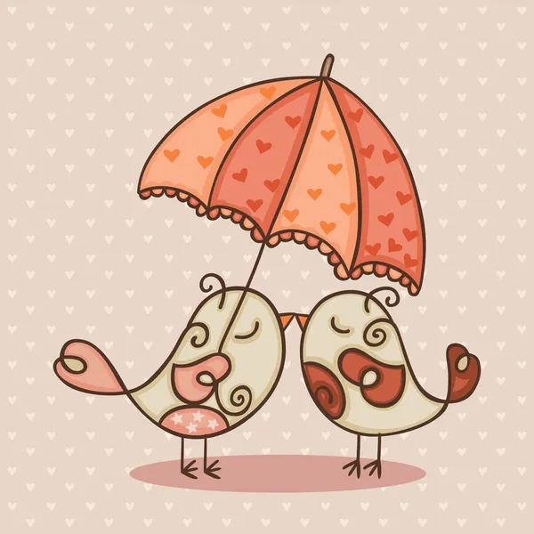 Greeting Card Cute Couple Birds Holding Umbrella — Stock Vector