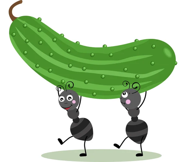 新鮮な緑のキュウリを運ぶ2匹のアリ — ストックベクタ