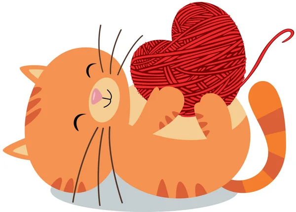 Lindo Gato Divertido Sosteniendo Una Lana Bola Forma Corazón — Vector de stock