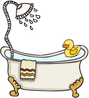 Havlu ve sevimli sarı plastik ördekli klasik küvet.