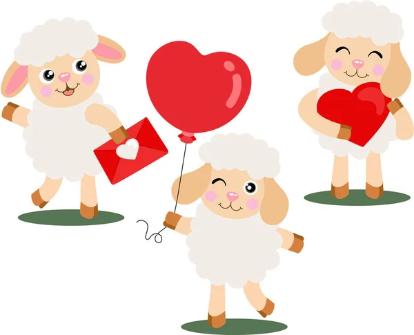 Three Lovely Lamb Sheeps Holding Love Icons — Vetor de Stock