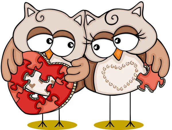 Valentine Couple Owls Heart Puzzle Love — Stockvektor