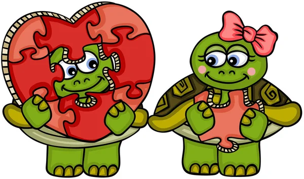 Valentine Kilka Żółwie Serca Puzzle Miłości — Wektor stockowy