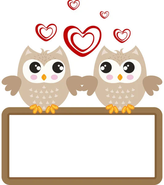 Valentine Couple Owls Blank Sign Board — Vetor de Stock