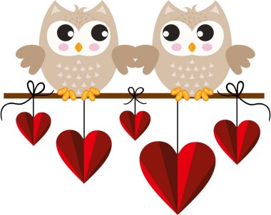 Cute owls in love sitting on branch with heart shaped leaves