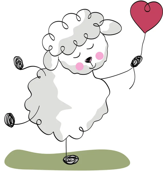 Drawing Lamb Sheep Holding Red Balloon Heart — Image vectorielle