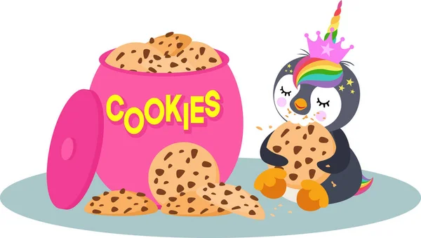 Gran Tarro Galletas Cerámica Lindo Pingüino Unicornio Comer Galleta — Vector de stock