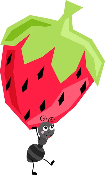 Cute Ant Carrying Funny Strawberry — Stock Vector