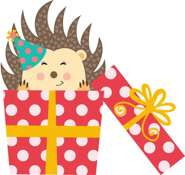 Милый Ёжик Выглядывает Подарочной Коробки Днем Рождения — стоковый вектор
