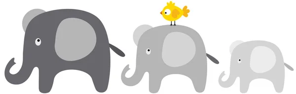 3頭の象が小鳥と歩いている — ストックベクタ