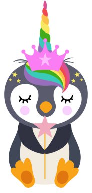 Yıldız sihirli değneği tutan sevimli tek boynuzlu penguen.