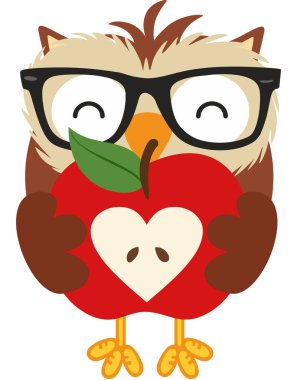 Elmanın yarısını tutan gözlüklü komik baykuş.