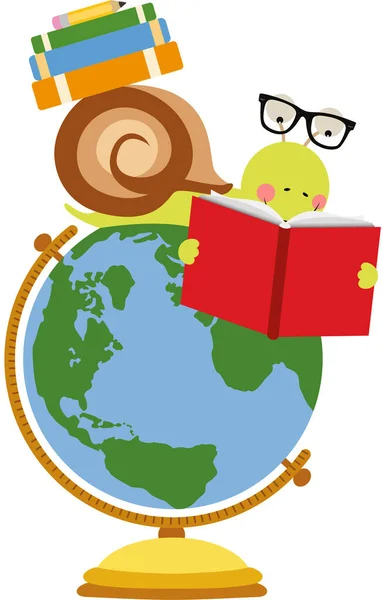 Cute Snail Reading Book Top Globe — Stock Vector