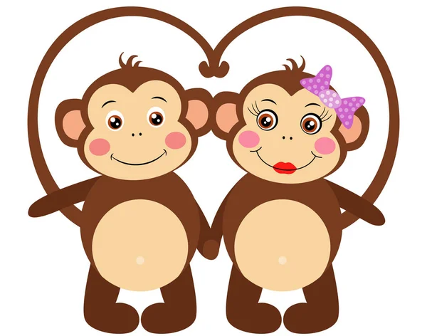 Couple Mignon Singes Forme Coeur Avec Queues — Image vectorielle