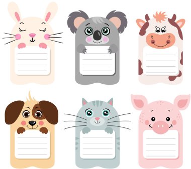 Çıkartma seti defter ve okul etiketli hayvan şirketi.