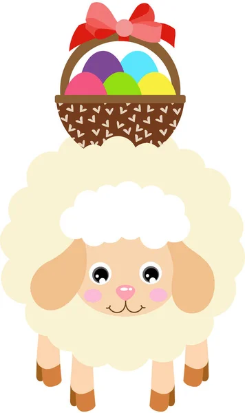 Cute Sheep Lamb Carrying Basket Full Easter Eggs — Stock Vector