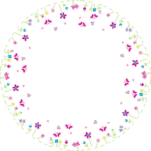 Cadre Rond Composé Simples Papillons Fleurs Printemps — Image vectorielle