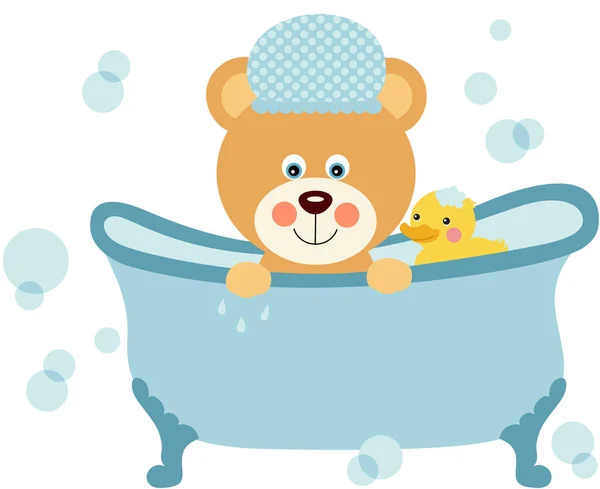 Bebé Niño Osito Peluche Tomando Baño Con Ducha Pato — Archivo Imágenes Vectoriales