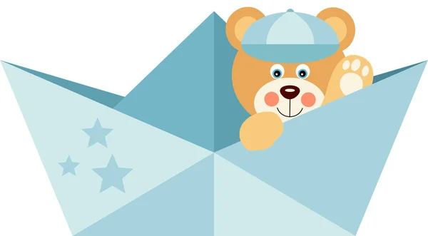 可爱的男孩泰迪熊在蓝色纸船上 — 图库矢量图片