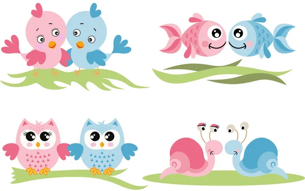 Set Couples Pink Blue Animals — Stock Vector