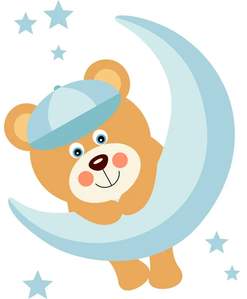 Cute Baby Boy Teddy Bear Hanging Moon — Stock Vector