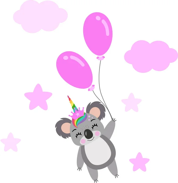 Niedliche Einhorn Koala Fliegen Mit Einem Ballon Himmel — Stockvektor