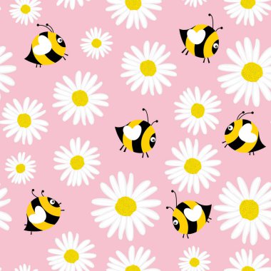 Papatya çiçekleri ve arıların kusursuz pembe desenli arka planı