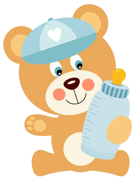 Cute Baby Boy Teddy Bear Holding Baby Bottle Milk — Stockvector