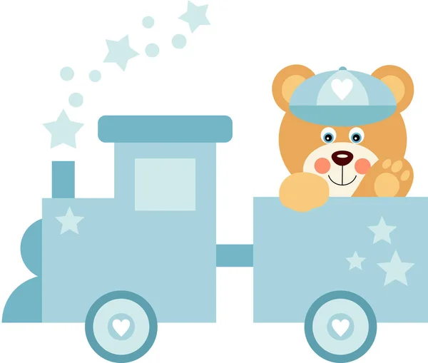 Cute Baby Boy Teddy Bear Blue Toy Train — Stockový vektor