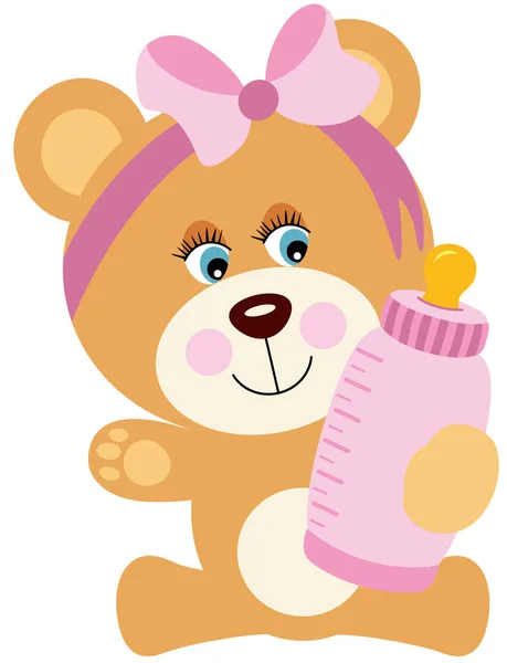 Cute Baby Girl Teddy Bear Holding Baby Bottle Milk — Stock Vector