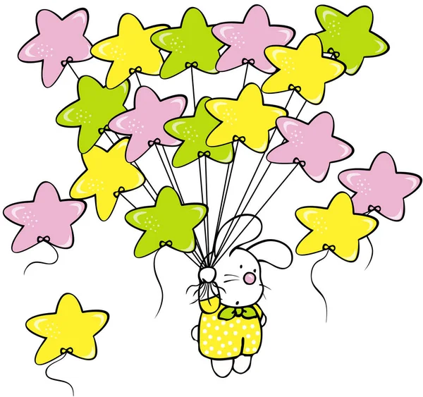 Cute Bunny Flying Star Shaped Balloons — Image vectorielle