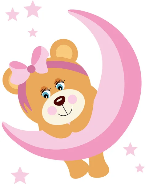 Cute Baby Girl Teddy Bear Hanging Moon — Stockový vektor