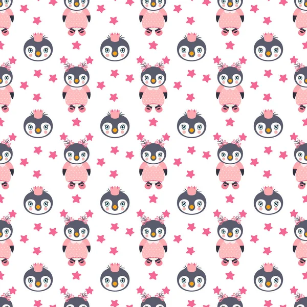 Cute Baby Girl Penguin Seamless Background Pattern — Vetor de Stock